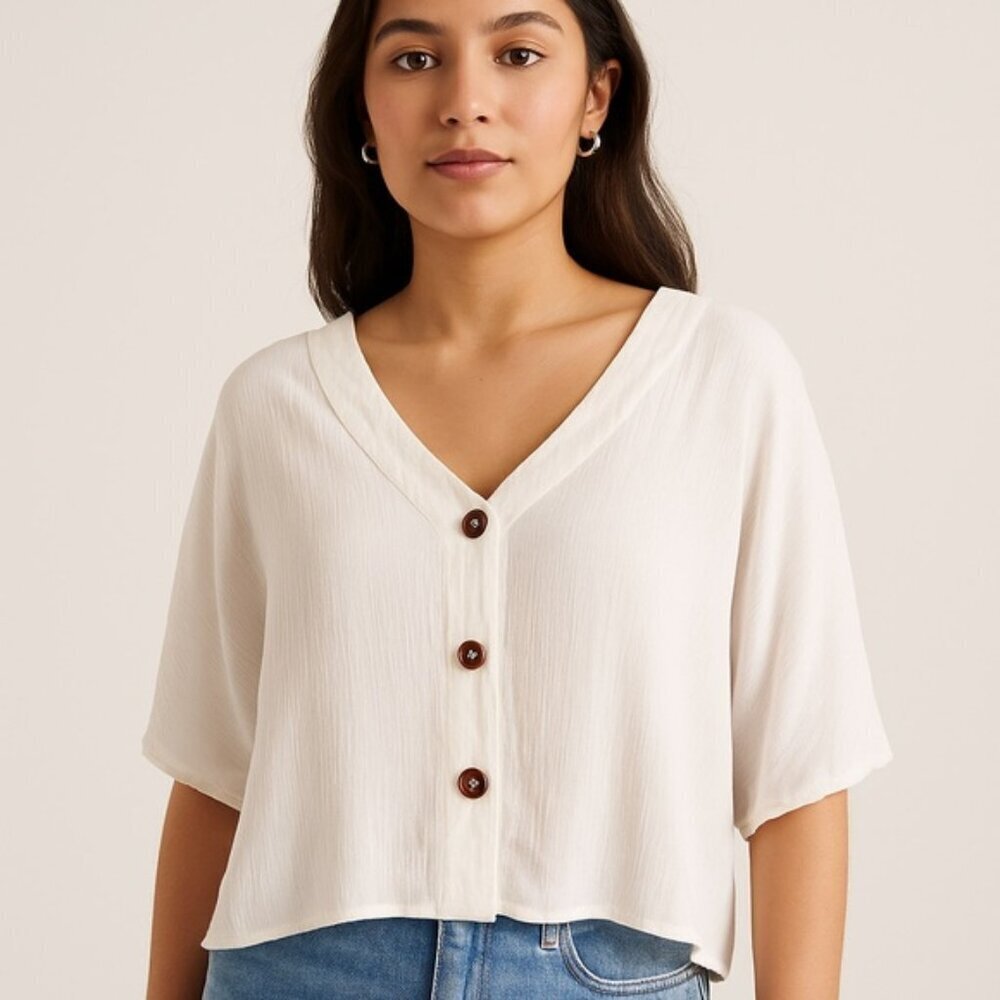 Ardene Cream V-Neck Button Front Top - Size L